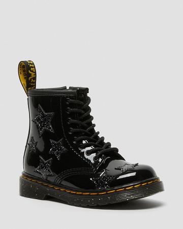 Black Kids' Dr Martens Toddler 1460 Glitter Star Patent Lace Up Boots | CA 694XYU